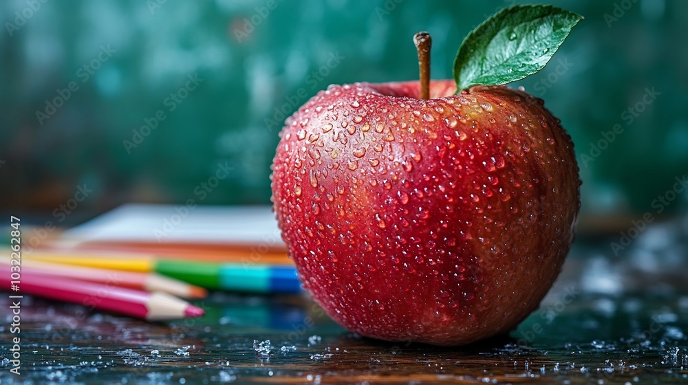Poster inviting school workspace showcasing a freshly polished apple a blank notebook ready for notes and a