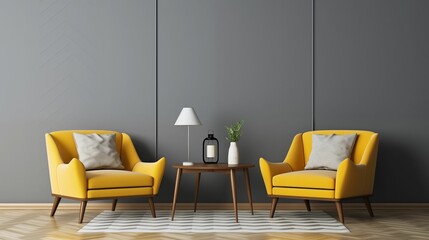A gray wall with two yellow chair, furniture. Generative ai