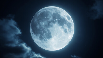 A full moon shines brightly in the night sky, partially obscured by wispy clouds.