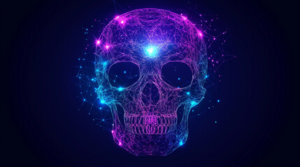 A glowing, digital skull with pink and blue light, on a dark blue background.