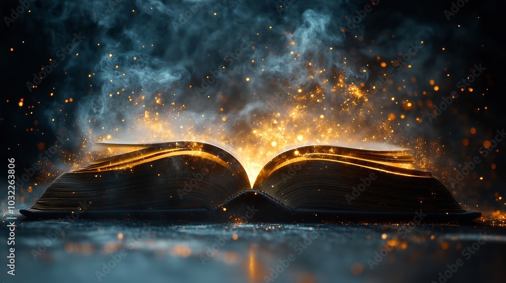 Poster open book on a sleek dark surface with swirling bright dust and glowing particles shooting upward re