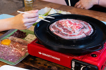 Raw beef slice on hot gril raw beef slice on hot grill bbq
