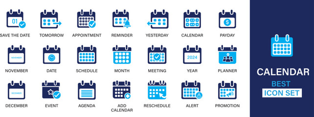 Calendar icon set. Containing date, schedule, month, week, appointment, agenda, organization and event icons. Solid icon collection. Vector illustration.