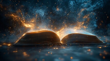 Open book on a sleek dark surface with swirling bright dust and glowing particles shooting upward representing a burst of knowledge and creativity for World Book Day