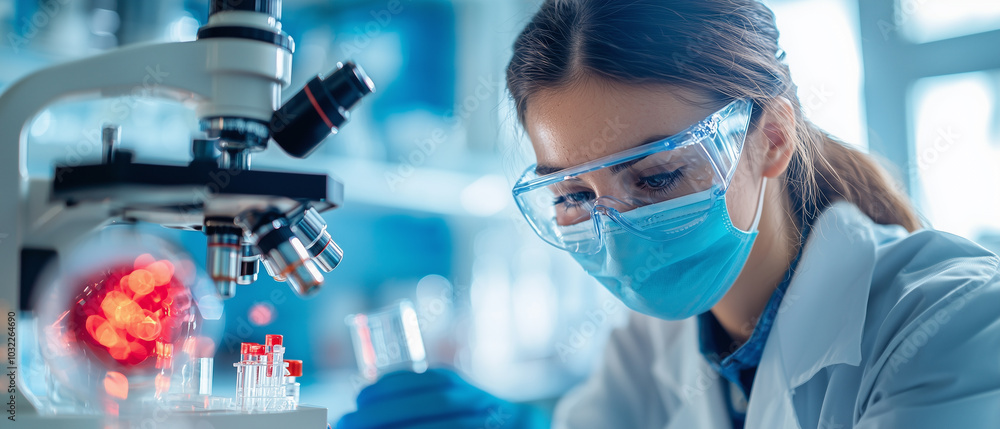 Poster Laboratory technician conducting experiments with microscope, wearing protective gear and focused on analyzing samples. environment is sterile and professional, emphasizing safety and precision