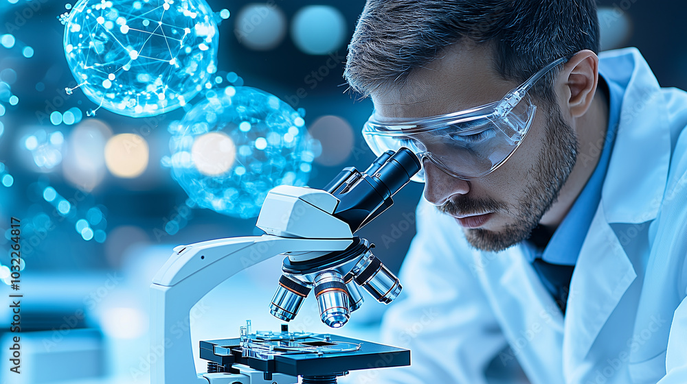 Aufkleber lab technician examines cell cultures under microscope, showcasing focused expression. background fe