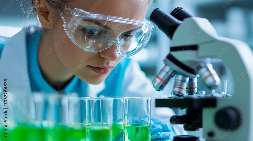 Poster laboratory technician examining samples under microscope, focused on research and analysis. vibrant 