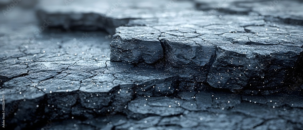 Poster close-up of a rocky surface with cracks and a layer of glitter, creating a dramatic and abstract tex