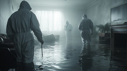 Fototapeta premium A team in hazmat suits clearing a devastated room, muddy floors, flood-soaked furniture, sunlight cutting through foggy air, signs of water damage