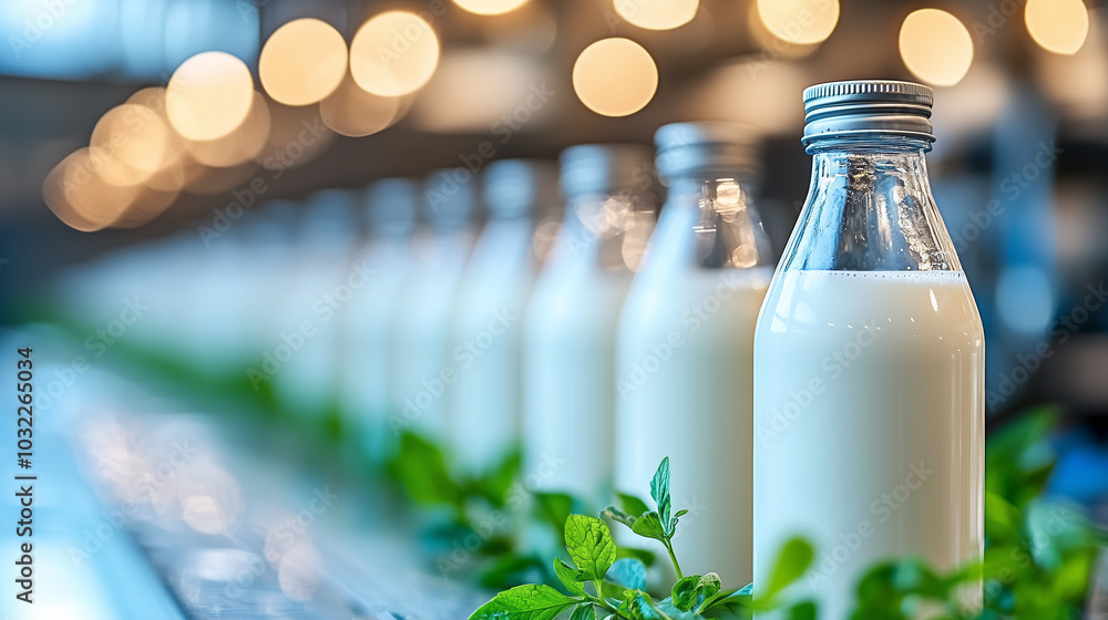 Poster fresh plant based milk bottles lined up on production line, surrounded by greenery and soft bokeh li