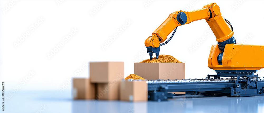 Poster robotic arm placing ingredients on conveyor belt, showcasing automation in packaging. scene highligh