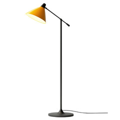 Modern floor lamp with a golden shade on a black base, white isolated background, transparent background