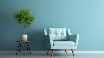 A blue wall with a modern blue chair and a plant, furniture. Generative ai