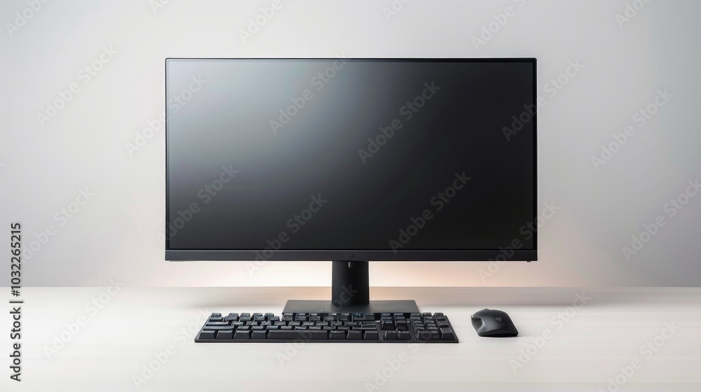 Poster a black computer monitor with a keyboard and mouse on a white desk.