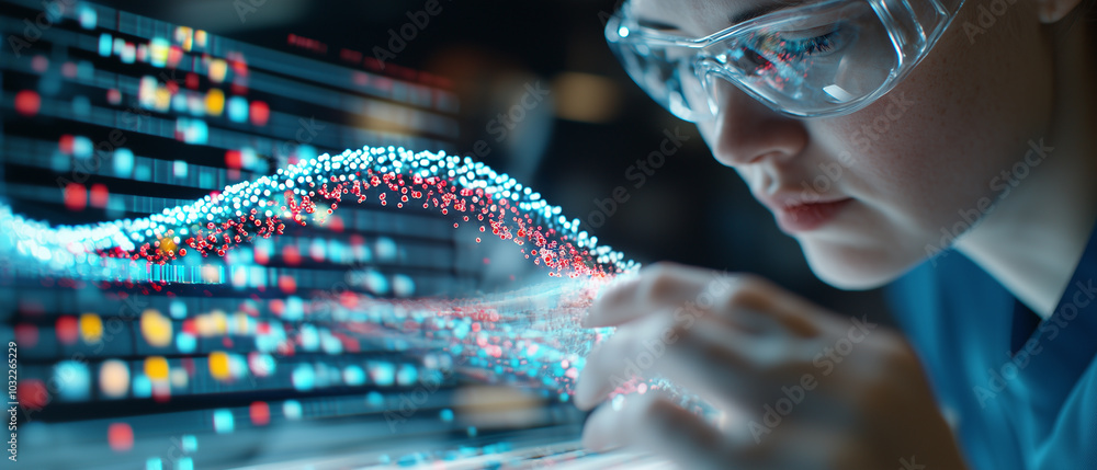 Poster scientist analyzing DNA sample in laboratory, showcasing advanced technology and data visualization. focus on precision and innovation is evident in research process