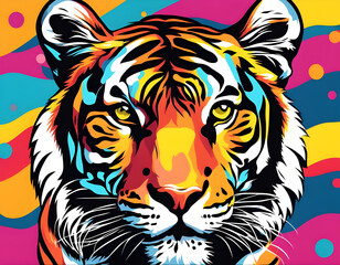 colorful tiger head with cool isolated pop art style background