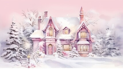 Obraz premium Watercolor Christmas pink village in snowfall. Colorful houses and snow covered street. Watercolor illustration.