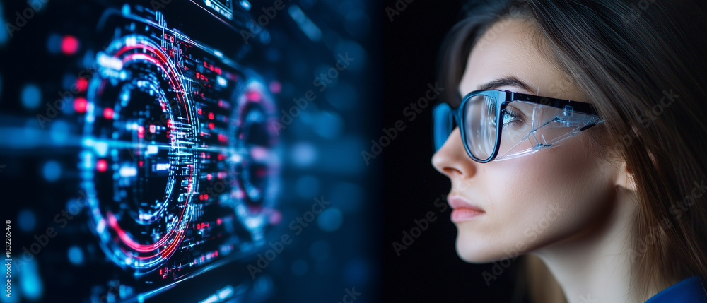 Poster scientist wearing glasses observes digital data on screen, showcasing advanced technology and innova