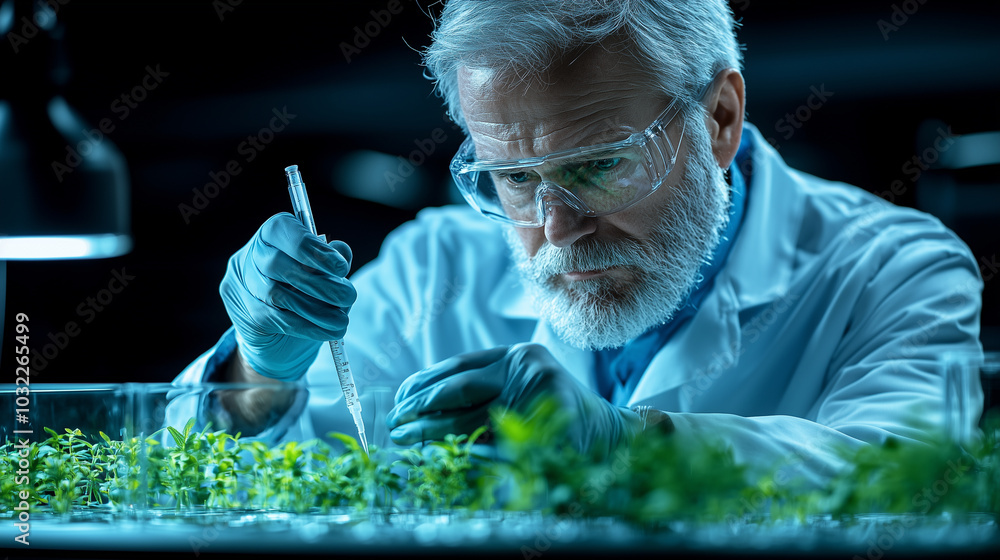 Poster scientist testing artificial flavor compounds in laboratory setting, carefully examining plant sampl