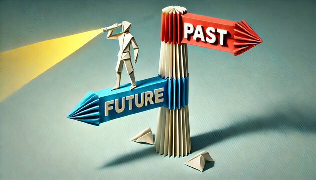 Origami Style Illustration of Person Looking Ahead with Telescope on Signpost Indicating 'Past' and 'Future', Professional Paper Art Design with Muted Colors and Light Green Background