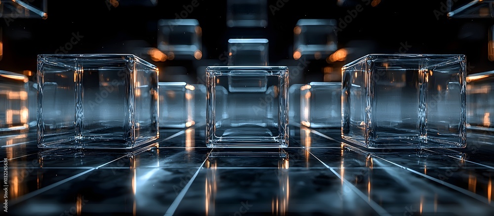 Poster a series of translucent cubes stand on a grid floor with glowing light emanating from behind them.