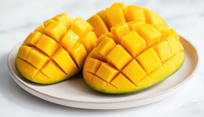 A plate of ripe mangoes, beautifully cut into cubes, showcasing their vibrant yellow color and juicy texture.