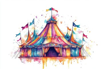 Obraz premium A vibrant watercolor painting of a circus tent, featuring colorful stripes and flags, evoking a sense of joy and excitement.