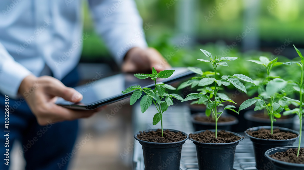 Aufkleber innovative technology is used to monitor plant growth and health in greenhouse setting. person analy