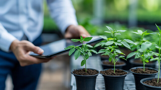 Innovative technology is used to monitor plant growth and health in greenhouse setting. person analyzes data on tablet while tending to young plants in pots, showcasing integration of agriculture and