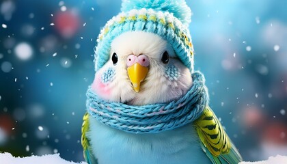 Obraz premium A cute budgie with a knitted hat and scarf enjoys a snowy winter wonderland and radiates Christmas joy.