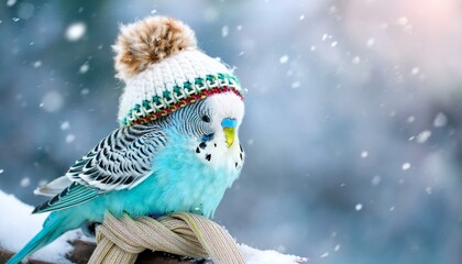 Obraz premium A cute budgie with a knitted hat and scarf enjoys a snowy winter wonderland and radiates Christmas joy.