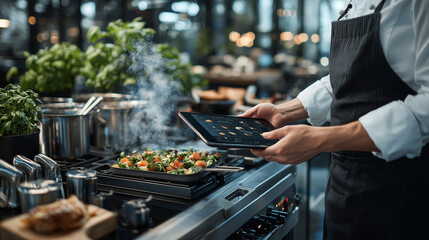 chef is skillfully controlling smart stove with tablet while preparing colorful vegetable dish. kitchen is modern and filled with fresh herbs, creating inviting atmosphere