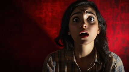 Close-up of a woman looking shocked, with wide eyes and an open mouth, lit by dramatic red lighting, expressing intense surprise.