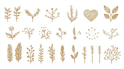 Elegant Gold Floral Illustrations for Design Projects isolated in white background