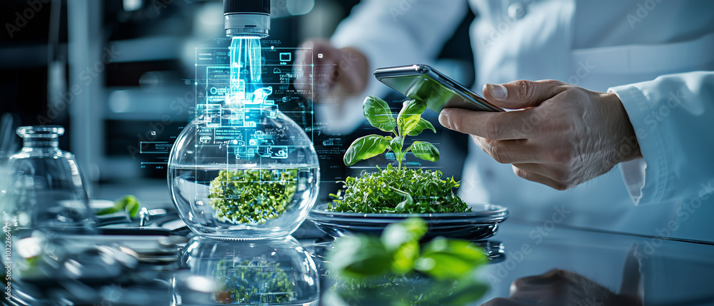 Poster innovative research in laboratory setting showcases scientist using smartphone to analyze plant grow