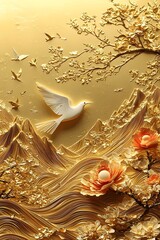 Naklejka premium Intricate paper art depicting a white dove soaring over a golden landscape with delicate flowers.