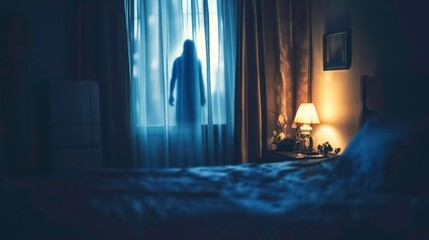Obraz premium A silhouette of a person standing at a window in a dimly lit bedroom.