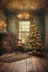 Old greeting card cozy vintage christmas room with lit tree and antique decor