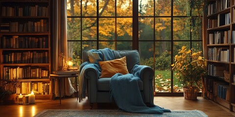 Cozy armchair with blanket near a large window with autumnal view and bookshelf with books, candlelight in a room.