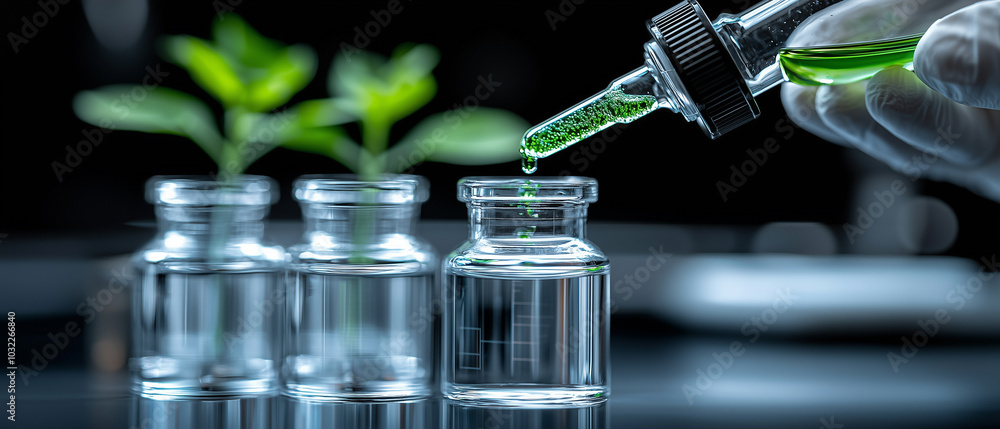 Poster close up of scientist using dropper to inject green nutrients into glass vial, surrounded by clear v