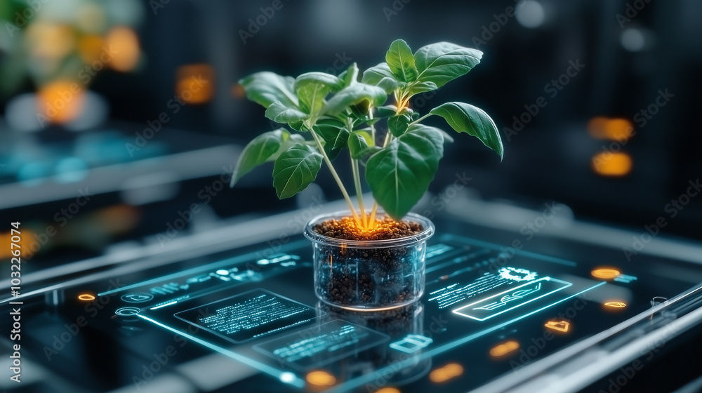 Poster close up view of small plant in transparent pot, enhanced by augmented reality technology displaying digital information. This captures intersection of nature and technology, showcasing innovation