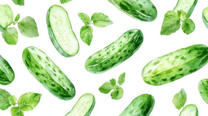 Fresh cucumbers and mint leaves create a vibrant, refreshing pattern perfect for healthy recipes and summer designs.