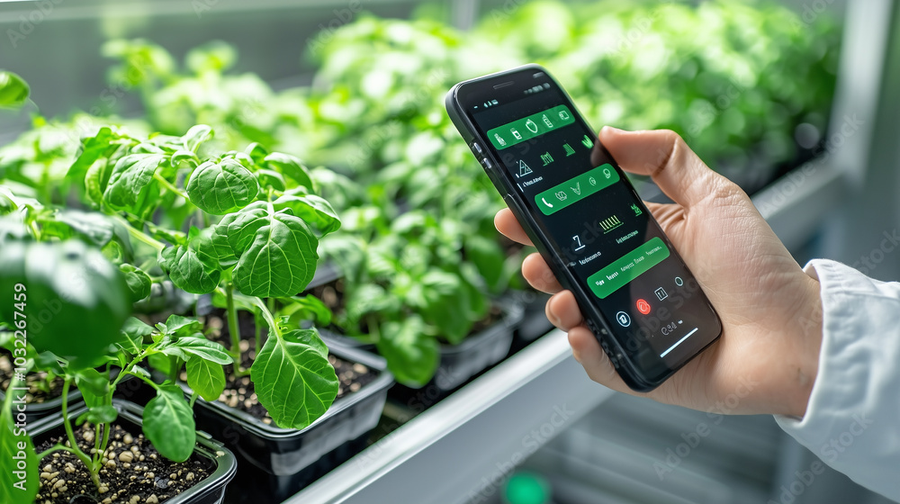Poster efficiently managing plant growth, person uses smartphone app to control temperature and humidity in
