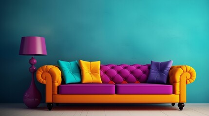 A blue wall with a colored sofa, modern furniture. Generative ai