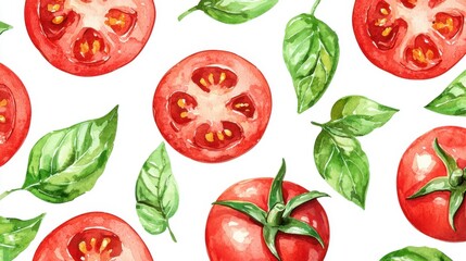 Vibrant watercolor pattern featuring fresh tomatoes and basil leaves on a white background, perfect for culinary designs.