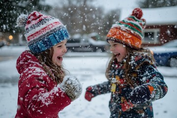 Two children playing joyfully in the snow, wearing colorful winter clothes.