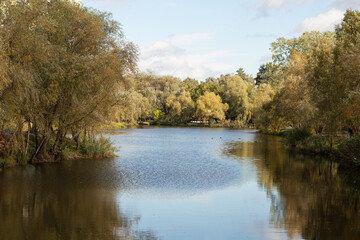 autumn on the river bank. Ukraine Kyiv Park	