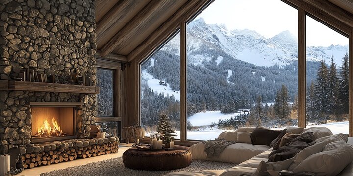 Cozy cabin living room with stone fireplace, large windows overlooking snowy mountain landscape.