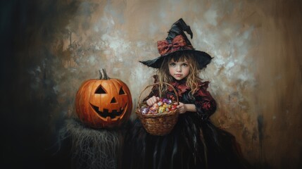 Small child dressed in witch costume with pumpkin in Halloween.