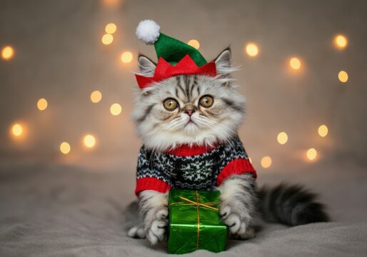 Fluffy kitten wearing a christmas elf costume holding a green present with a blurred sparkling background